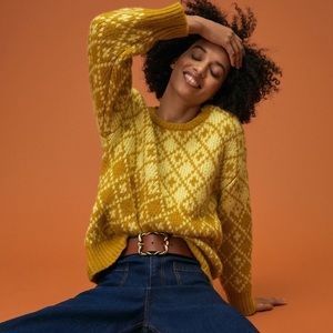 Anthropologie Mustard Yellow Diamond-Pattern Crewneck Sweater